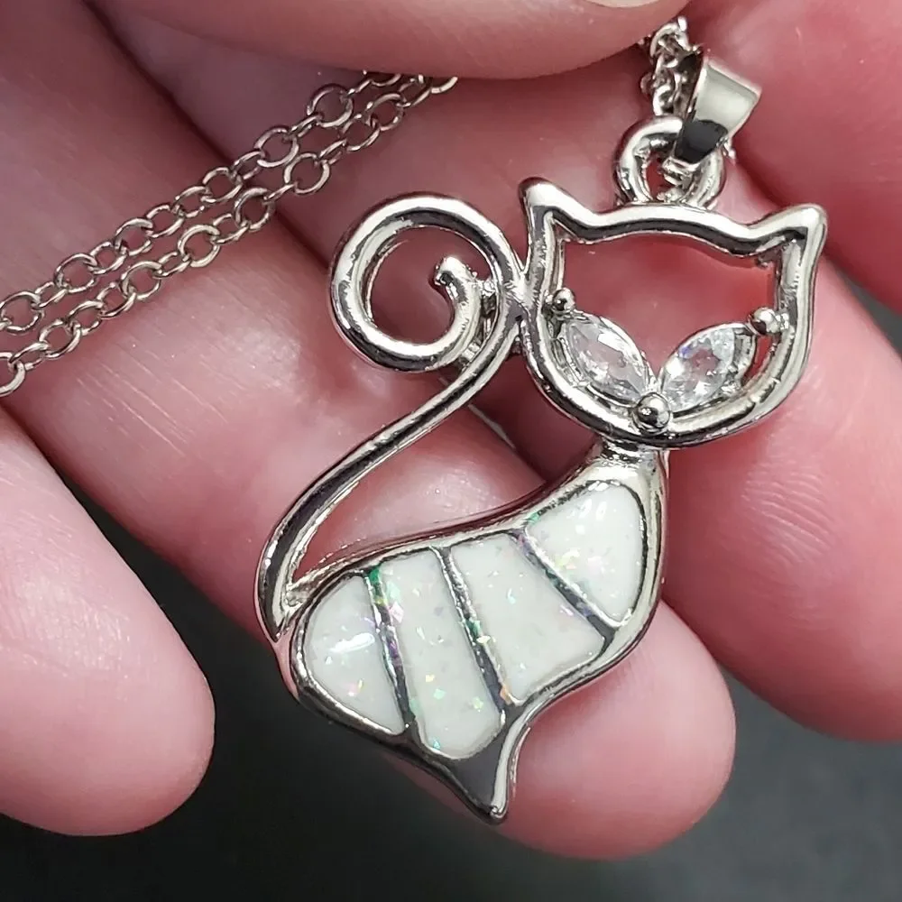 Silver tone glittery enamel cat jewelry set